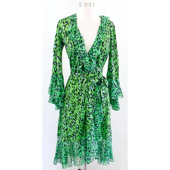 Diane Von Furstenberg | Dresses | Diane Von Furstenberg Green Blue Leopard  Print Ruffle Silk Wrap Dress Size 2 | Poshmark